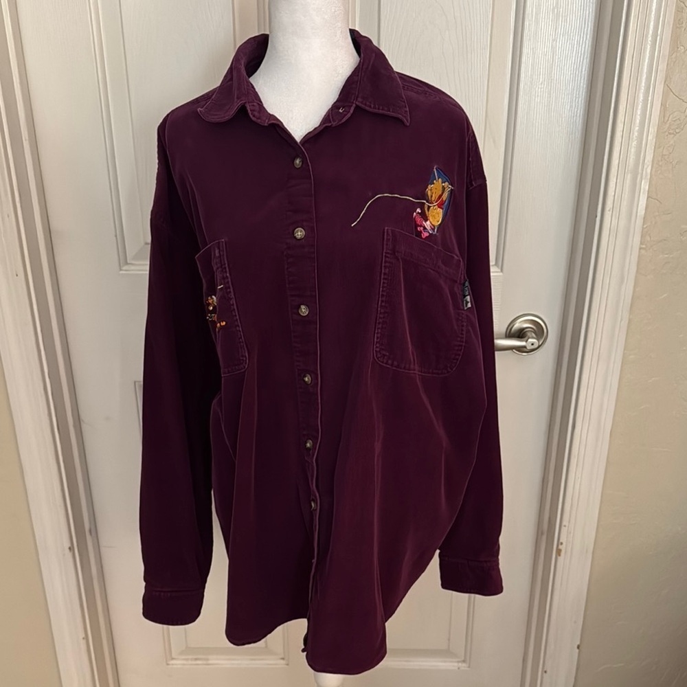 VTG Disney Winnie the Pooh Embroidered Burgundy Corduroy Shirt SZ XL